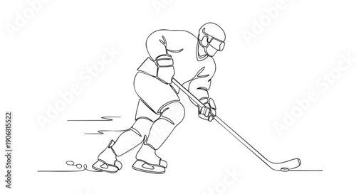 Minimalist one line art illustration of a hockey player skating with a stick, designed in a modern and simple style. Great for posters, cards, and branding.
