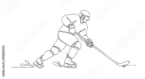 Single line drawing illustration shows a hockey player skating fast and controlling the puck with his hockey stick on ice.