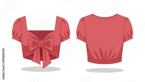 Chic red crop top flat lay with stylish puff sleeves and a prominent front bow, offering a charming, playful feminine fashion design for modern