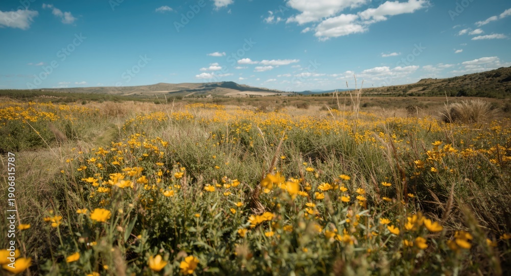 Fototapeta premium Broad wild grassland area decorated with tiny yellow flowers and short green foliage