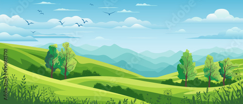 View of summer landscape, spring hills, green meadows and hills, bird flock, vector illustration