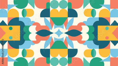 Colorful, symmetrical geometric abstraction with various shapes