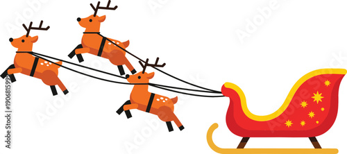 Santa Sleigh Pulled by Reindeer Cartoon Illustration for Christmas Holiday Decorations, Winter Celebrations, Kids Designs, Greeting Cards, and Festive Vector Artwork