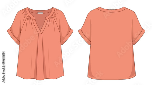 Stylish modern women's relaxed fit coral blouse featuring a chic V-neck design with subtle pleats and fashionable cuffed short sleeves, front and