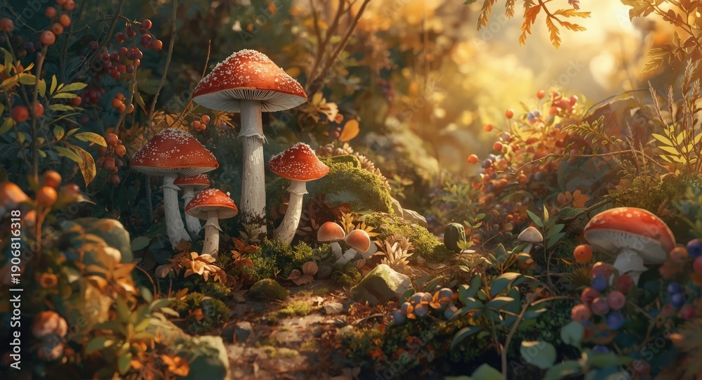 Fototapeta premium Detailed anime watercolor illustration of a fall woodland with mushrooms, plants, and ripe berries