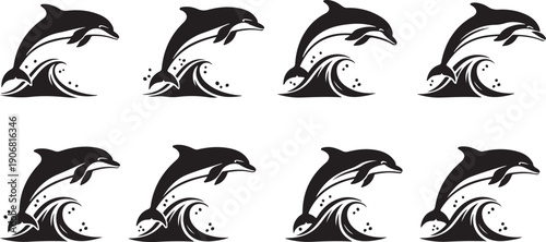 A collection of ten identical dolphin illustrations in black and white Vector