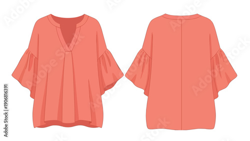 Contemporary fashion flat sketch showcasing a stylish coral v-neck blouse with chic gathered bell sleeves for apparel design and textile project plans