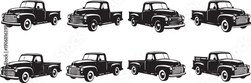 A collection of eight vintage pickup trucks in various styles and configurations. Vector
