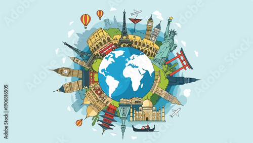 Colorful travel illustration features landmarks around a central globe