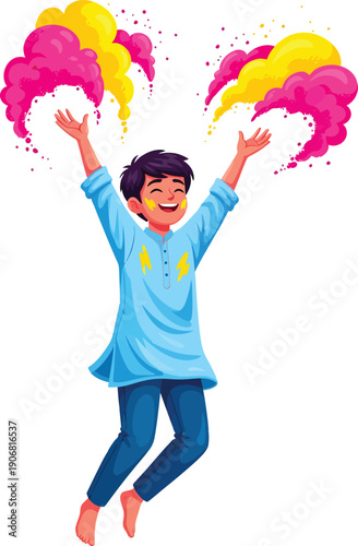 A joyful young Indian boy celebrating Holi festival, throwing vibrant pink and yellow colored powder into the air with a happy expression.