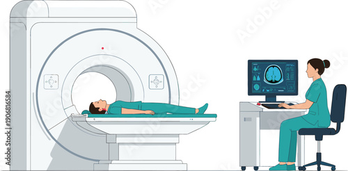 MRI Scan Procedure Illustration with Patient and Medical Technician for Healthcare Diagnostics, Radiology Imaging, Hospital Technology, and Clinical Vector DesignsMRI