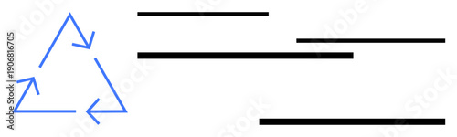 Blue triangular recycling symbol with arrows next to scattered black horizontal lines of varying lengths. Ideal for sustainability, eco-awareness, balance, organization, flow, resources, simple flat