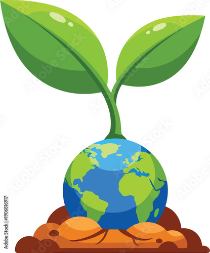 A vibrant green plant sprouts from a blue and green Earth globe, nestled in rich brown soil, symbolizing environmental growth and sustainability.