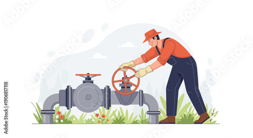 Worker operating industrial valve in outdoor setting with plants and flowers