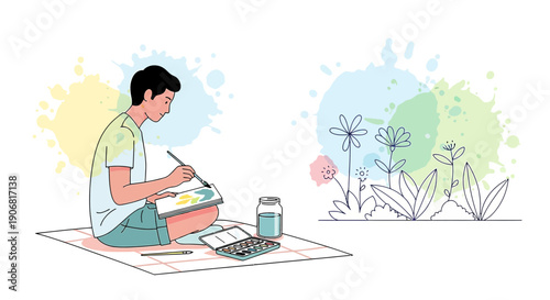 Young Artist Painting Flowers Outdoors, Creative Hobby