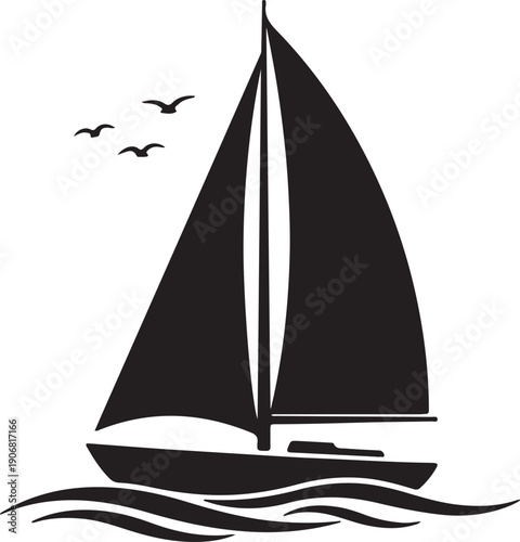 A serene sailboat gliding on calm waters with birds flying overhead. Vector