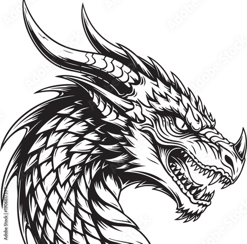 Intricate black and white illustration of a dragon's head with detailed scales and fierce expression Vector