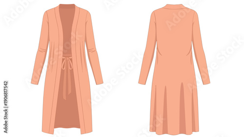 Elegant peach open front longline cardigan technical drawing for modern women's fashion