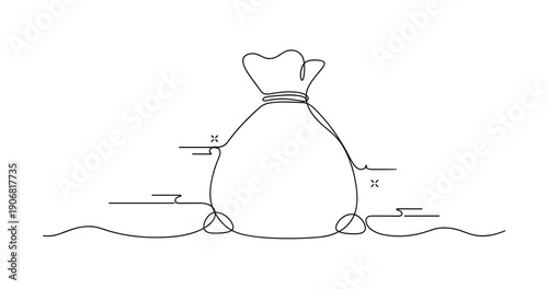 Minimalist outline of a bag of money with coins in continuous line art style. None editable stroke