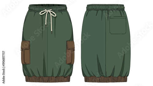 Technical flat drawing of a casual olive green drawstring cargo skirt, front and back view for apparel design