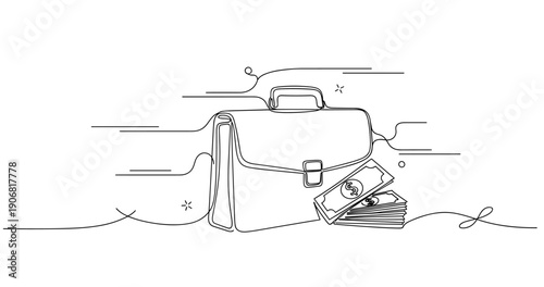 Line art illustration of briefcase with money symbolizing business and finance. None editable stroke