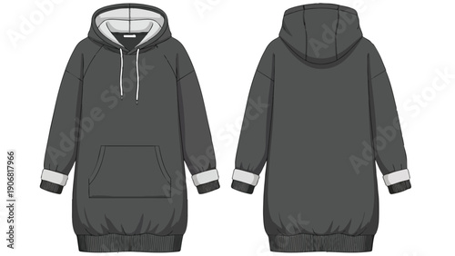 Technical illustration of a long oversized hoodie dress in charcoal grey with white accents, ready for textile design presentation