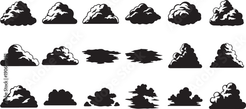 A diverse collection of black and white cloud illustrations showcasing various shapes and formations Vector