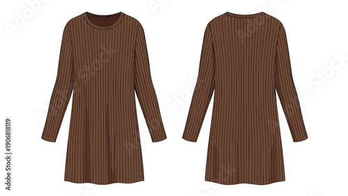 Brown long-sleeved tunic dress with subtle vertical texture. Front and back views displayed. Ideal for fashion mockups, highlighting comfort and
