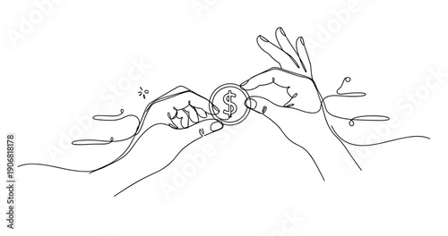 Continuous line drawing of hands exchanging dollar coin. None editable stroke
