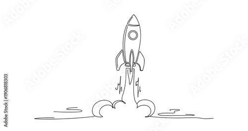 Simple line drawing of rocket launch with smoke trail. None editable stroke