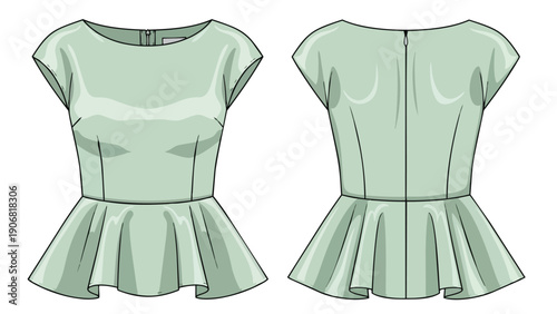 Detailed fashion technical flat sketch of a elegant pale green women's peplum top with cap sleeves and round neck, showcasing both front and back