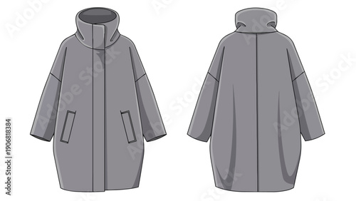 Flat technical drawing of a contemporary longline oversized coat featuring a high stand collar and subtle front pockets shown with clear front and