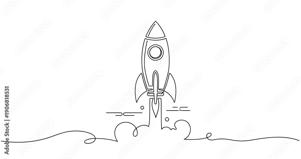 Fototapeta premium Line art rocket launch: minimalist black and white spacecraft outline design. None editable stroke