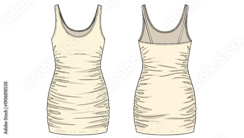 Contemporary fashion technical flat sketch presenting a stylish ruched sleeveless mini dress, offering comprehensive front and back views for