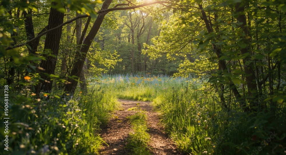 Fototapeta premium Bright natural light filtering through forest vegetation highlighting a flower filled clearing
