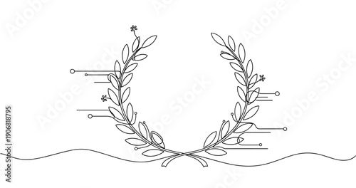 Minimalist laurel wreath outline with floral and tech elements. None editable stroke
