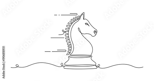 Continuous line art of chess knight with dynamic motion lines. None editable stroke