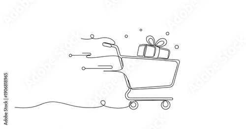 Minimalist shopping cart with gift box symbolizing fast delivery and online shopping. None editable stroke