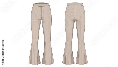 Elegant technical illustration showcasing women's beige flare pants from both front and rear perspectives ideal for fashion design and apparel