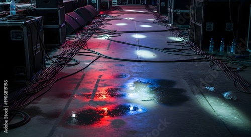 Stage lights and cables on a dark backstage floor awaiting setup for a performance or event, viewed from above.