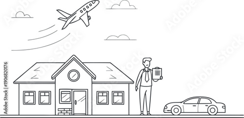 Travel and Logistics Line Art Illustration with House, Person, Car, and Airplane
