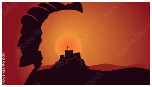 Shivaji Maharaj Profile Silhouette Fort Sunset Vector Graphic