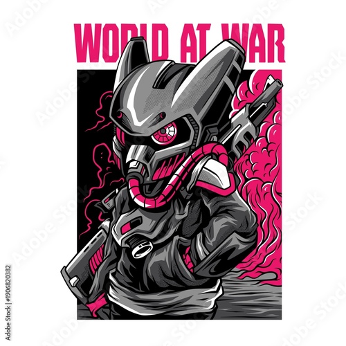 Foto WORLD AT WAR with robot character holding gun illustration design