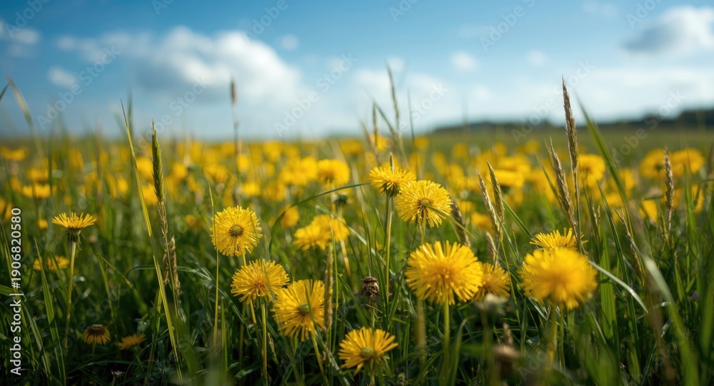 Obraz premium Energetic yellow dandelion flowers growing in a dense green summer meadow