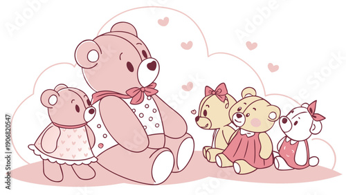 Adorable Pink Teddy Bear Family Illustration