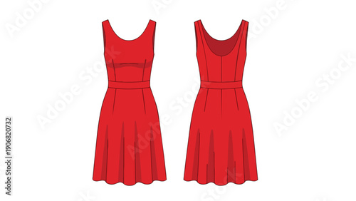 A vibrant red sleeveless midi dress fashion illustration, showcasing both the front and back views with clean lines and a modern silhouette. Ideal