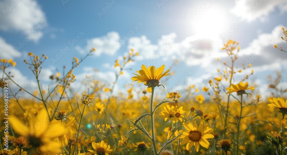 Obraz premium Educational pollen allergy summary with symptom emphasis and remedy tips amidst a sunlit yellow floral landscape and blue sky