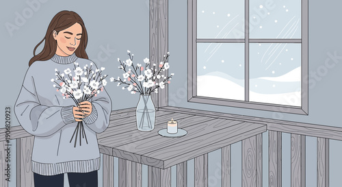Woman with White Flowers by Window with Snowfall - Cozy Winter Scene