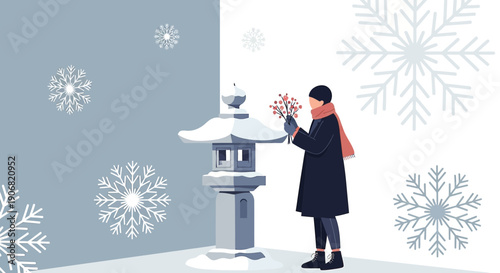 Woman with Winter Berries near Stone Lantern, Snowflakes Falling