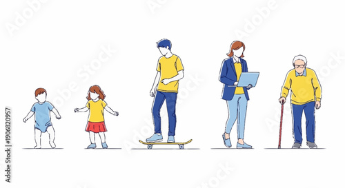 Illustration of human life stages from baby to elderly person.